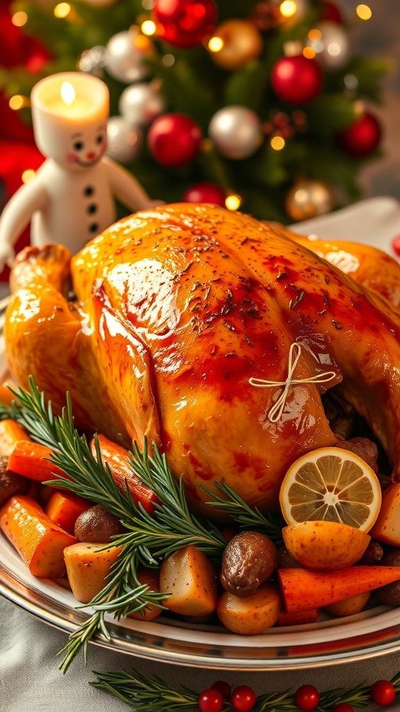 A golden roasted chicken with vegetables on a festive table, surrounded by holiday decorations.